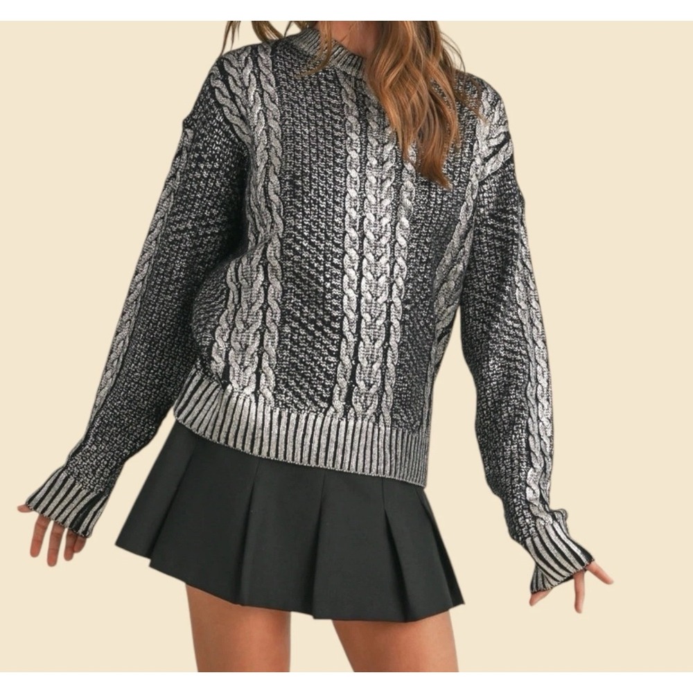 Klesis Metallic Foil Cable Knit Sweater Womens S/M Black Silver Shimmer IT4008